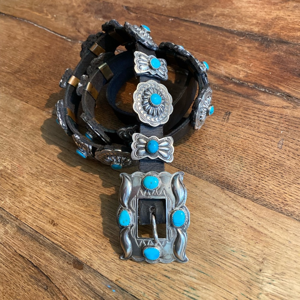 Vintage Native American Turquoise and Sterling Silver concho belt